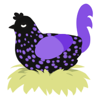 Larry, a black and blurple chicken with a speckle pattern