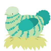 rotund fun, a gluppy and turquoise chicken with a bar pattern