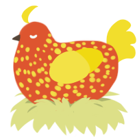 A vermilion and yellow chicken with a speckle pattern