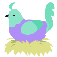 A lilac and mint chicken with a head pattern