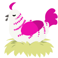 A white and fuchsia chicken with a half-bar pattern