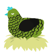 Algae, a chartreuse and black chicken with a lace pattern