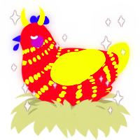 A crimson and lime chicken with a bar pattern