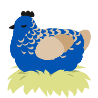 Grumpy, a ultramarine and beige chicken with a half-lace pattern