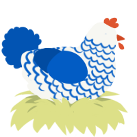 A white and ultramarine chicken with a lace pattern