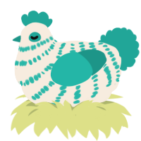 A cream and turquoise chicken with a bar pattern