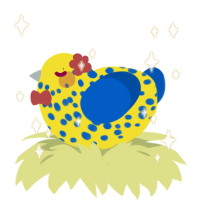 Colombia, a yellow and ultramarine chicken with a speckle pattern