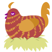 Jorts the Golden, a red and orange chicken with a bar pattern