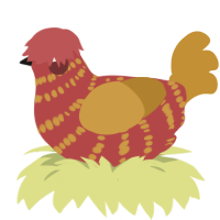 A red and gold chicken with a bar pattern