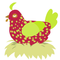 A crimson and lime chicken with a speckle pattern