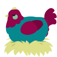 A teal and maroon chicken with a head pattern