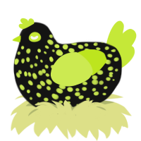 A black and lime chicken with a speckle pattern