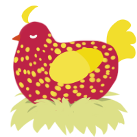 A crimson and yellow chicken with a speckle pattern