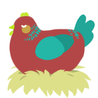 A red and turquoise chicken with a neck-band pattern