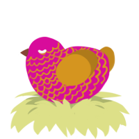A fuchsia and ochre chicken with a lace pattern