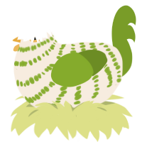 A cream and chartreuse chicken with a bar pattern