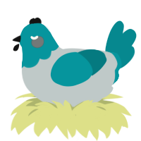 A silver and teal chicken with a head pattern