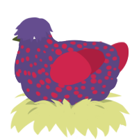A overcast and crimson chicken with a speckle pattern