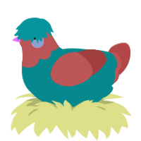 A teal and red chicken with a head pattern