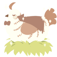 A cream and vermilion chicken with a half-bar pattern