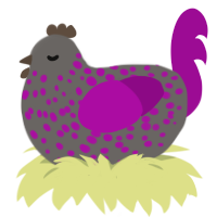A grey and plum chicken with a speckle pattern