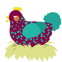 Dino Egg, a maroon and turquoise chicken with a speckle pattern