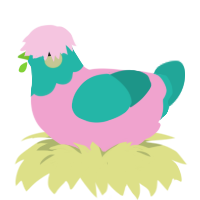 Mint, a pink and turquoise chicken with a head pattern
