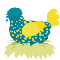 A sea and yellow chicken with a speckle pattern