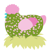 FuglySsa, a chartreuse and pink chicken with a speckle pattern