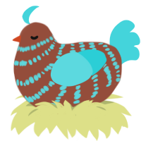 A russet and aqua chicken with a bar pattern