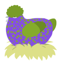 A blurple and chartreuse chicken with a speckle pattern