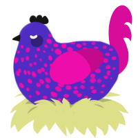 A indigo and fuchsia chicken with a speckle pattern