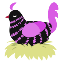 A black and orchid chicken with a bar pattern