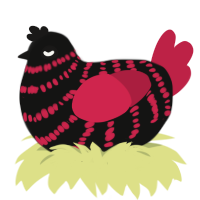 Reginald, a black and crimson chicken with a bar pattern