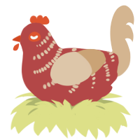 A red and beige chicken with a half-bar pattern