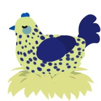 OwO, a lemon and navy chicken with a speckle pattern