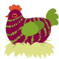 A maroon and chartreuse chicken with a bar pattern