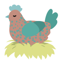 A vermilion and turquoise chicken with a speckle pattern