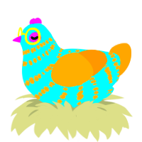 CMYK, a aqua and orange chicken with a bar pattern