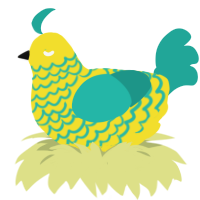 sprite, a yellow and turquoise chicken with a lace pattern