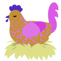 Bwak, a gold and orchid chicken with a speckle pattern