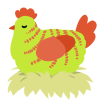 A lime and vermilion chicken with a half-bar pattern