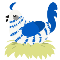 A white and ultramarine chicken with a bar pattern