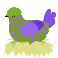 A chartreuse and blurple chicken with a bar pattern