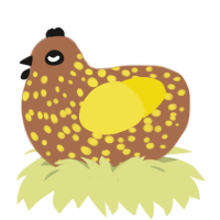 Koko, a brown and yellow chicken with a speckle pattern