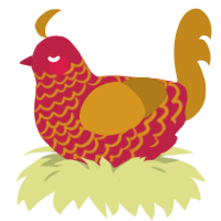 A crimson and ochre chicken with a lace pattern