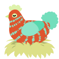 A vermilion and mint chicken with a bar pattern