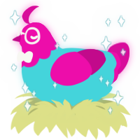 A aqua and fuchsia chicken with a head pattern