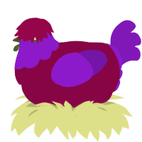 A maroon and violet chicken with a head pattern