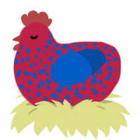 EYE BLOOD, a crimson and ultramarine chicken with a speckle pattern
